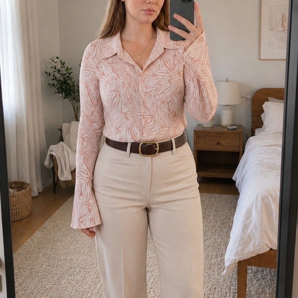 Boohoo Womens Button Down Shirt 12 Pink Swirl Marble Print Boho 70s Office Artsy